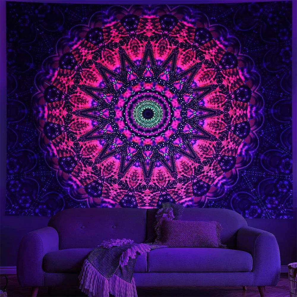 Tapisserie Fluorescente - Décoration Lumineuse - Motif Méditation Indienne