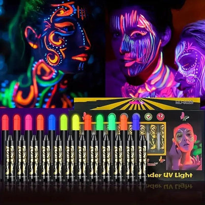 Crayons de Peinture pour le Visage UV Neon Glow Fluorescent - Pack de 12