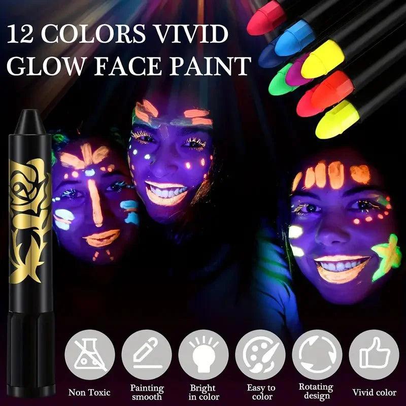 Crayons de Peinture pour le Visage UV Neon Glow Fluorescent - Pack de 12