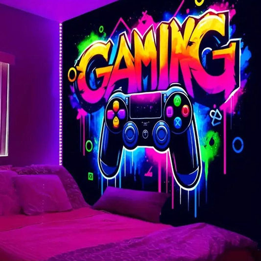 Tenture Fluorescente à Motif de Contrôleur de Jeu - Accessoire de Décoration Lumineuse pour Gamers