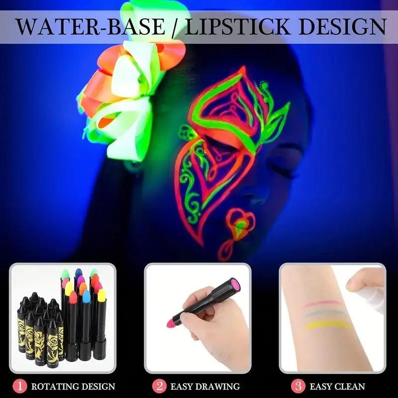 Crayons de Peinture pour le Visage UV Neon Glow Fluorescent - Pack de 12